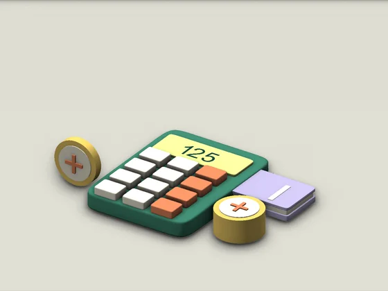 An illustrated calculator, notebook and symbolic tokens for thinking about a spending budget.