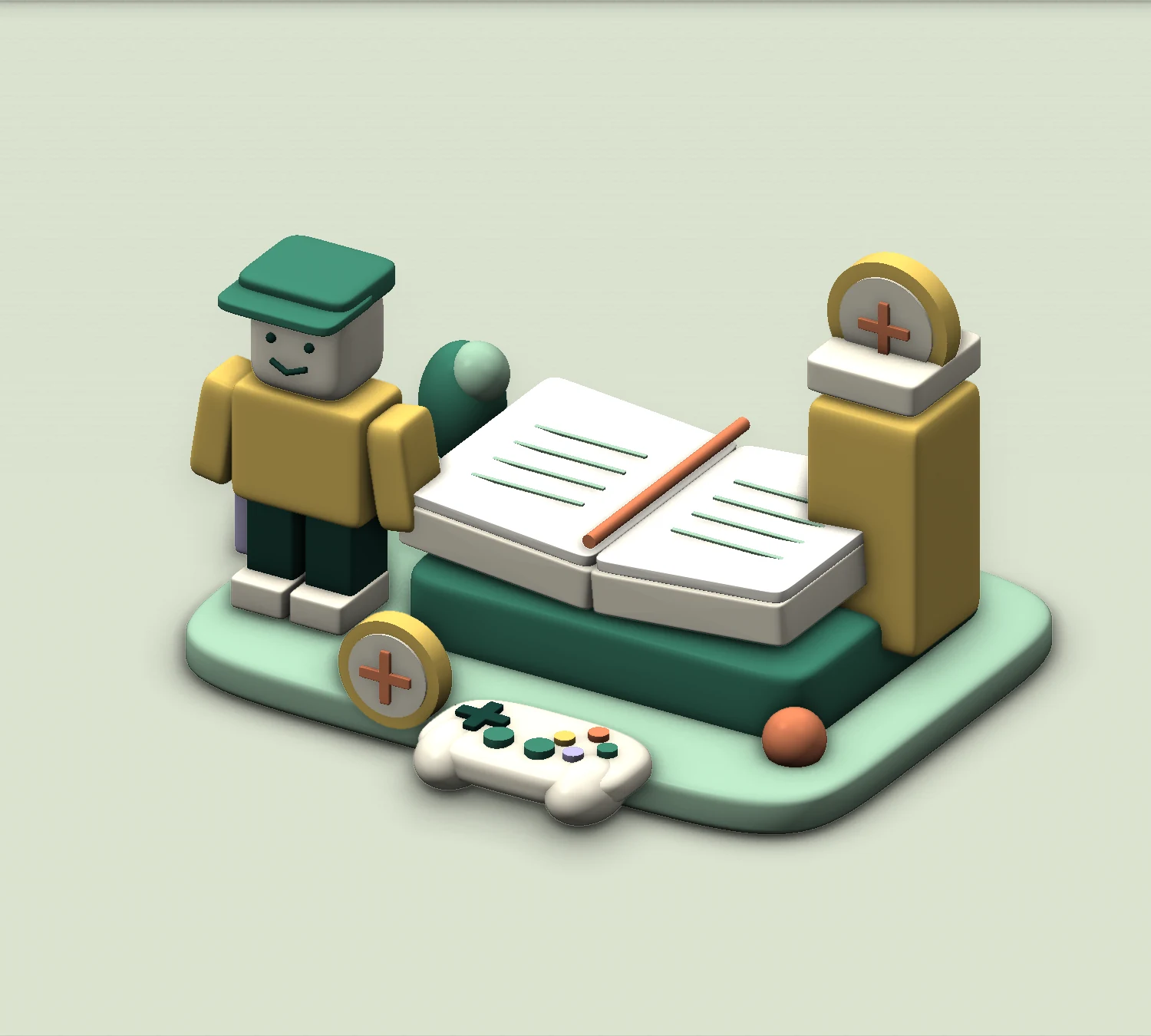 An original 3D still life: a block-style character, open guidebook, controller and symbolic tokens on a small green landscape.
