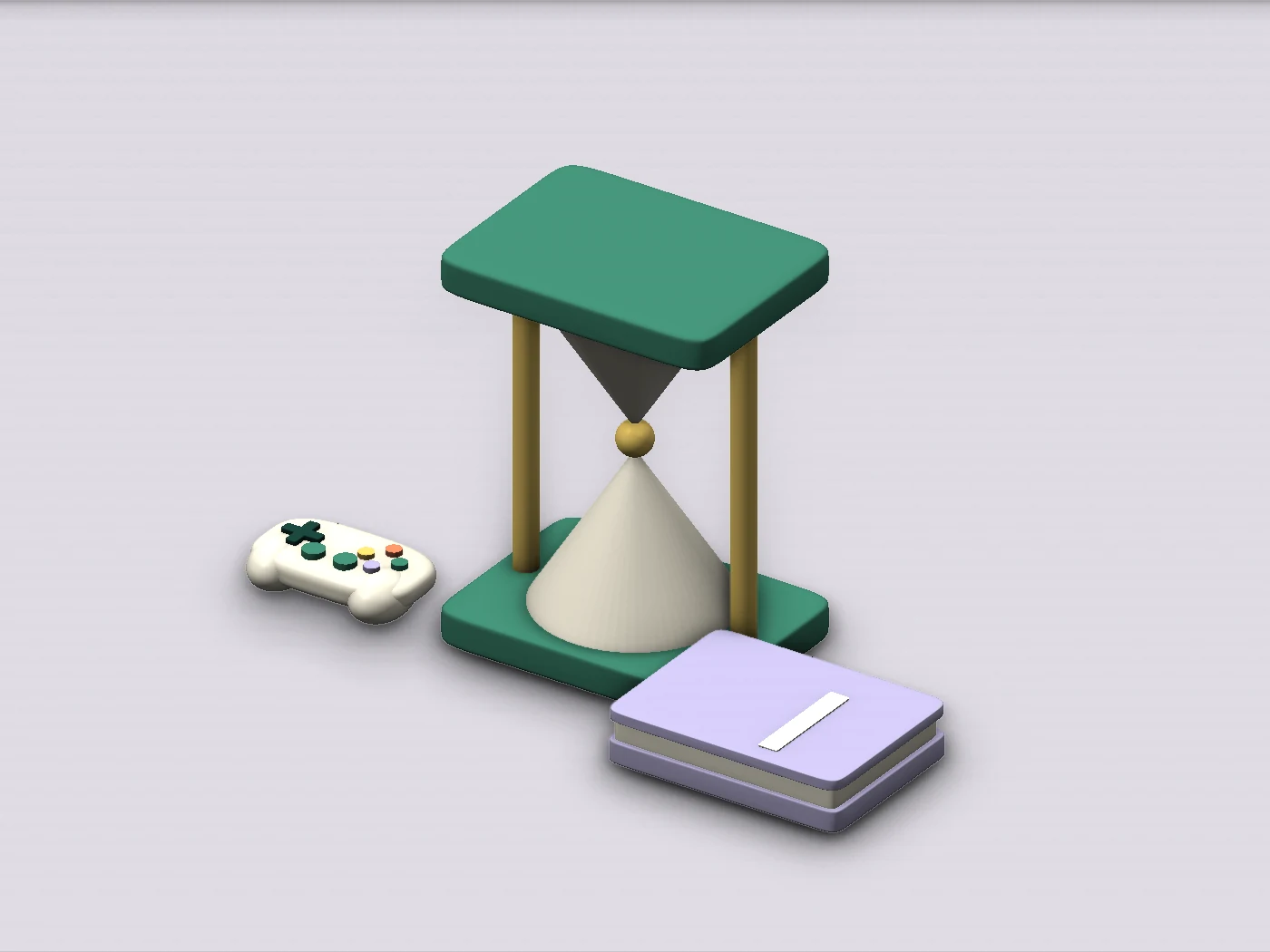 A stylised hourglass, book and controller: an illustration about pausing before spending.