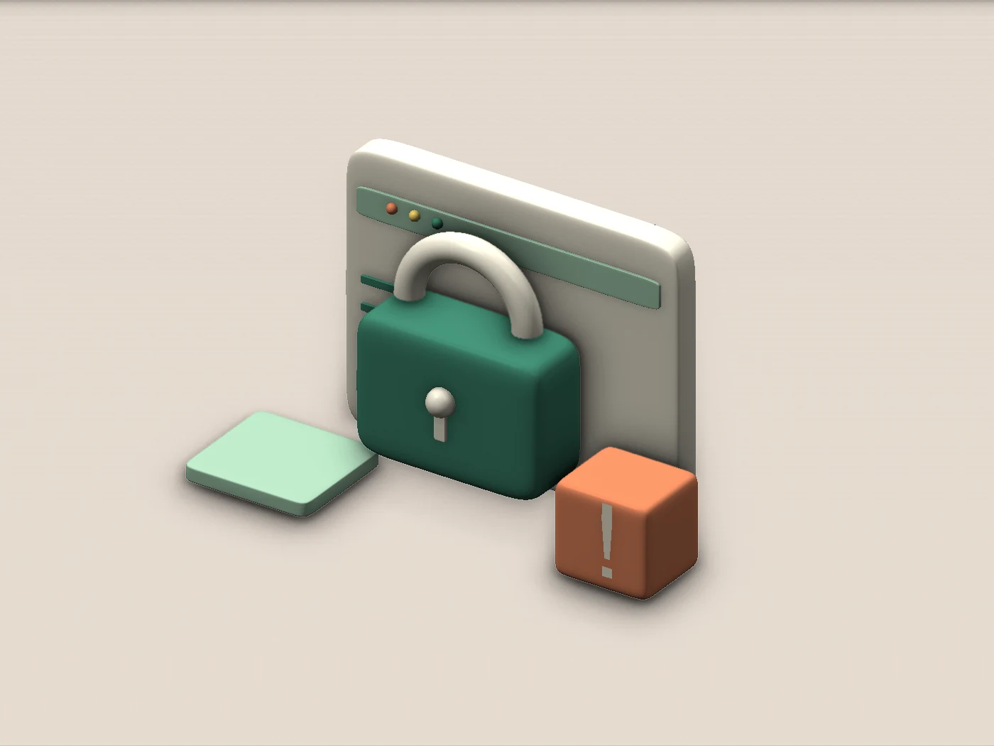 A stylised browser panel and padlock beside a warning block, illustrating account security.