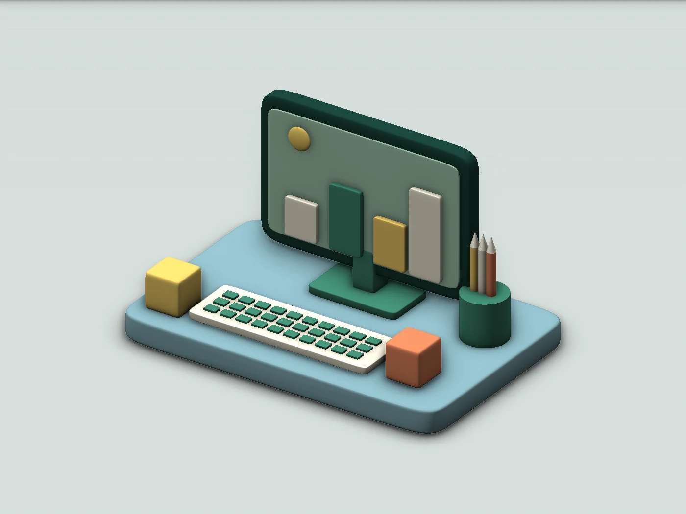 An original miniature creation desk with a monitor, keyboard, pencils and building blocks.