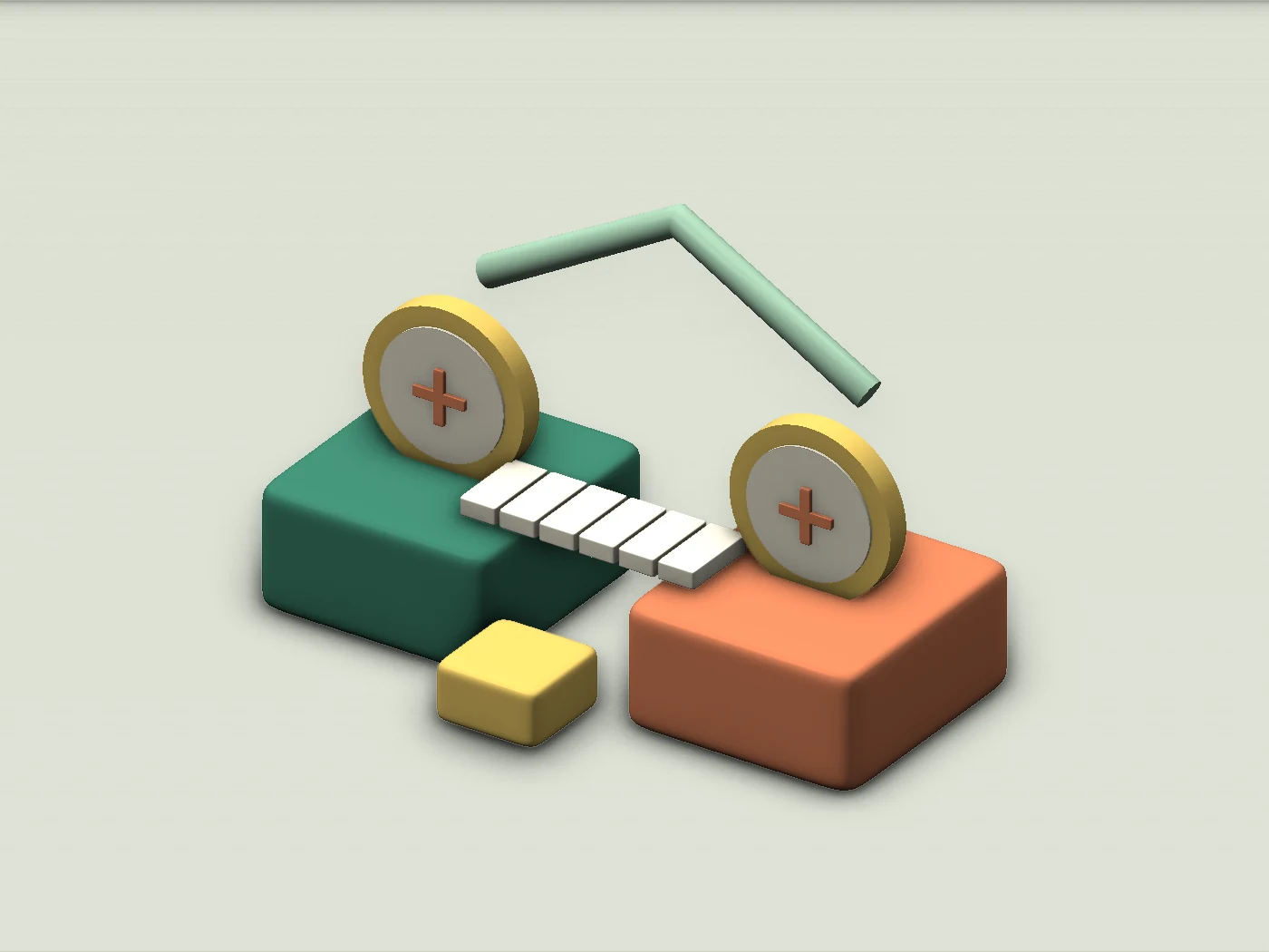 Two platforms linked by a small bridge with symbolic tokens, illustrating an official transfer.