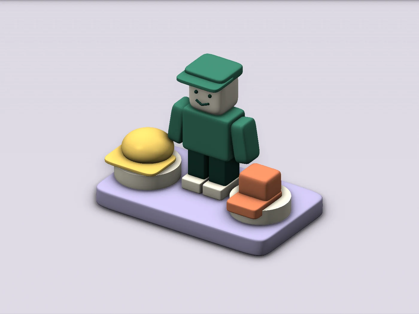A block-style character beside a cap and boot, illustrating avatar customisation.