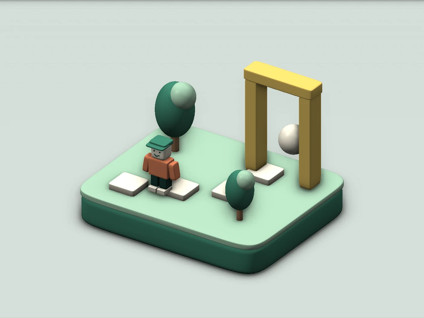 A miniature island with a pathway, trees and a gateway, representing a game experience.